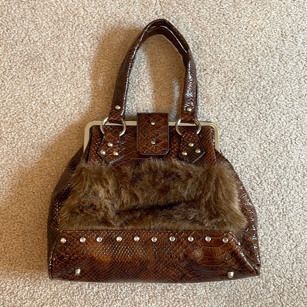Brown Faux Fur + Faux Crocodile Skin Handbag Purse with Rhinestone Studs